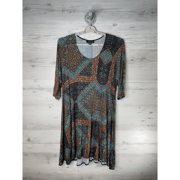 Karen Kane Swing Dress Womens 2X Plus Size Geometric Print 3/4 Sleeve Made USA - Picture 1 of 9